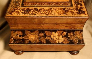 Victorian Tunbridge Inlaid Fitted Sewing Box Decorated with Castle Scene c.  1855 4