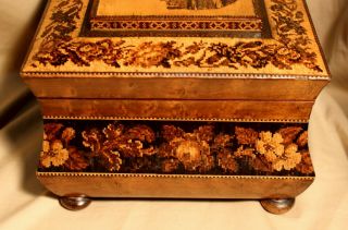 Victorian Tunbridge Inlaid Fitted Sewing Box Decorated with Castle Scene c.  1855 6