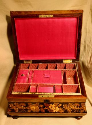 Victorian Tunbridge Inlaid Fitted Sewing Box Decorated with Castle Scene c.  1855 7