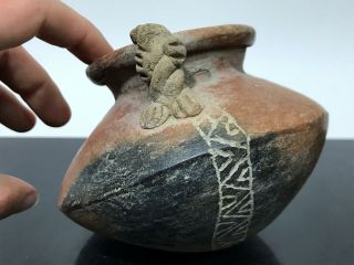 Ancient Pre - Columbian Artifact Geometric Figural Pottery Water Vessel Vase
