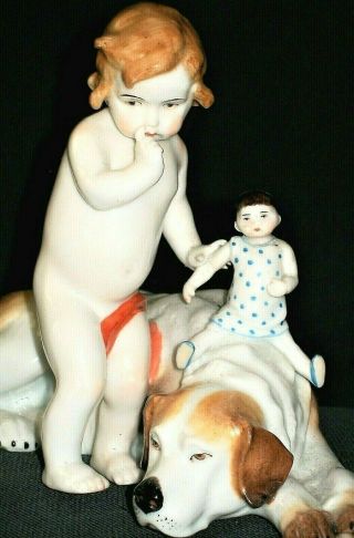 Antique German Meissen Dresden Girl Doll & St.  Bernard Dog Porcelain Figurine