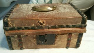 Antique Primitive Hide Leather Covered Wooden Document Box Chest Ca.  1830s