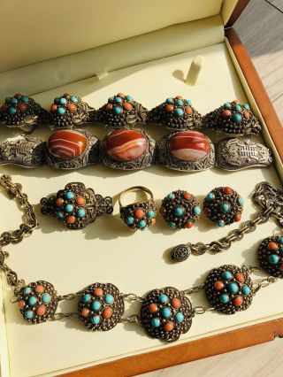 Antique Chinese Sterling Silver Necklace Bracelet Set Natural Coral Turquoise