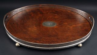 Antique Victorian Silverplate Quartered Oak Wood Oval Gallery Footed Tray