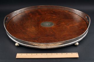 Antique Victorian Silverplate Quartered Oak Wood Oval Gallery Footed Tray 2