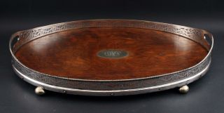Antique Victorian Silverplate Quartered Oak Wood Oval Gallery Footed Tray 3