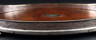 Antique Victorian Silverplate Quartered Oak Wood Oval Gallery Footed Tray 4