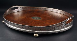 Antique Victorian Silverplate Quartered Oak Wood Oval Gallery Footed Tray 6