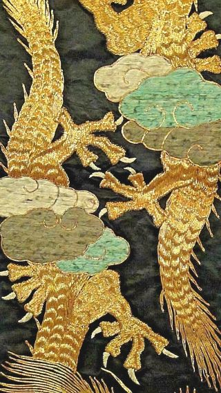 ANTIQUE 19c CHINESE 2 DRAGONS & CLOUDS GOLD THREADS SILK EMBROIDERY PANEL 5