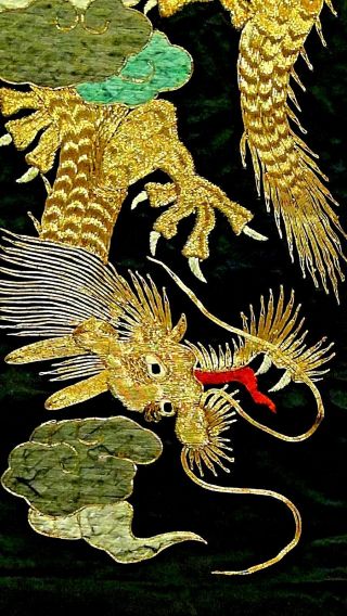 ANTIQUE 19c CHINESE 2 DRAGONS & CLOUDS GOLD THREADS SILK EMBROIDERY PANEL 6