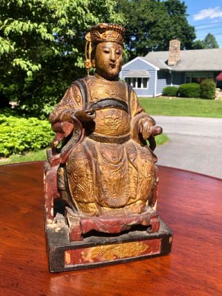 Antique Chinese Polychromed Carved Gilt Wood Emperor Figure 18th C.