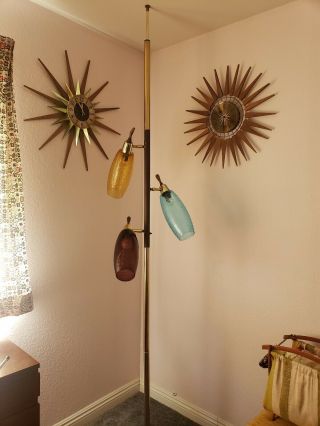 Mid Century Modern Pole Floor Lamp Vintage eames era Retro Teak Finials 4
