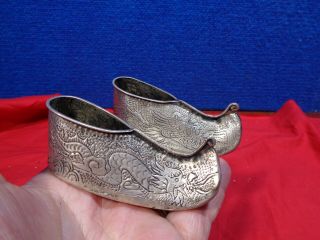 Antique Embossed Chinese Sterling Silver Miniature Shoes With Dragons