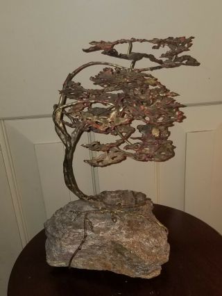 Vintage Curtis Jere Artisan House Brutalist Bonsai Metal Stone Tree Sculpture