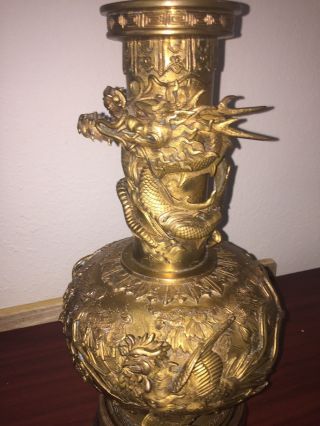 ANTIQUE BRASS LAMP WITH ASIAN THEME REPOUSSE AND CHASING - - DRAGONS 10