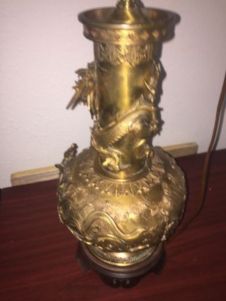 ANTIQUE BRASS LAMP WITH ASIAN THEME REPOUSSE AND CHASING - - DRAGONS 12