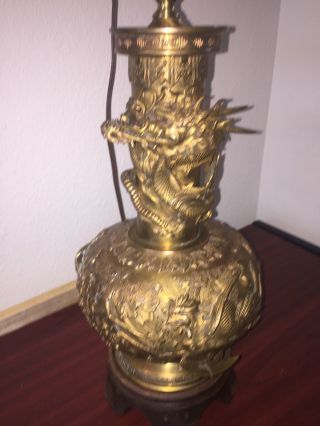 Antique Brass Lamp With Asian Theme Repousse And Chasing - - Dragons
