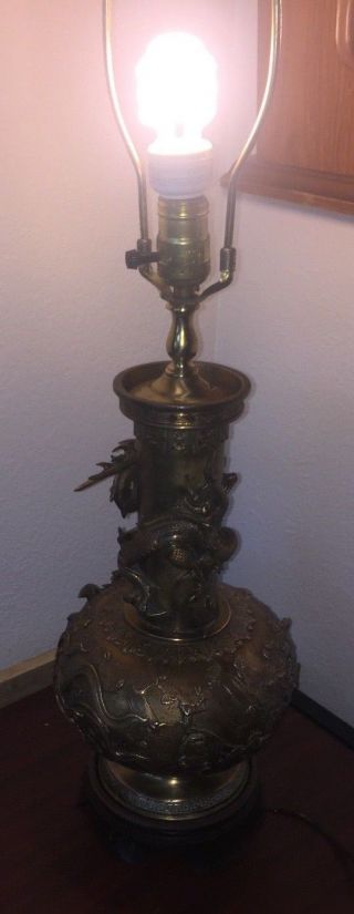 ANTIQUE BRASS LAMP WITH ASIAN THEME REPOUSSE AND CHASING - - DRAGONS 3