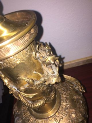 ANTIQUE BRASS LAMP WITH ASIAN THEME REPOUSSE AND CHASING - - DRAGONS 5