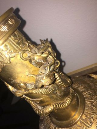 ANTIQUE BRASS LAMP WITH ASIAN THEME REPOUSSE AND CHASING - - DRAGONS 6