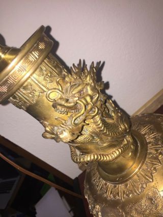 ANTIQUE BRASS LAMP WITH ASIAN THEME REPOUSSE AND CHASING - - DRAGONS 7