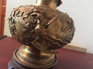 ANTIQUE BRASS LAMP WITH ASIAN THEME REPOUSSE AND CHASING - - DRAGONS 8