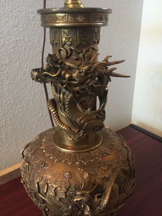 ANTIQUE BRASS LAMP WITH ASIAN THEME REPOUSSE AND CHASING - - DRAGONS 9