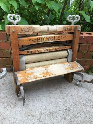 Vintage Anchor Bicycle Wood Clothes Wringer Mangle Erie Pennsylvania Patent 1898