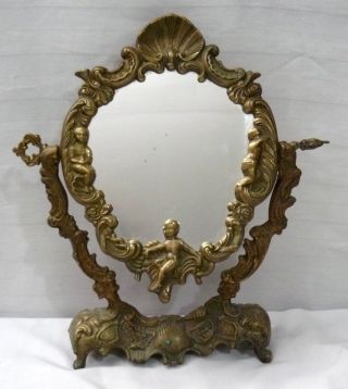 Antique Art Nouveau Bronze Brass Cherub Tiltable Dresser Mirror Vanity Accessory