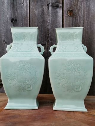 Estate Old House Chinese Dragon Celadon Glazed 2x Antique Vases Asian China
