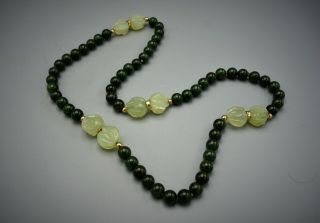 Fine Old Chinese Carved Green And White Jadeite Jade Bead 14k Gold Necklace