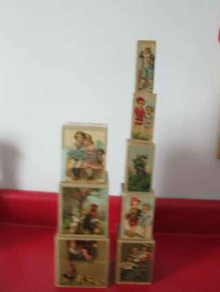 Late 1800s GERMANY - PAPER LITHO & WOOD - 8 GRADUATED CHILDREN ' S BLOCKS - BLISS 10