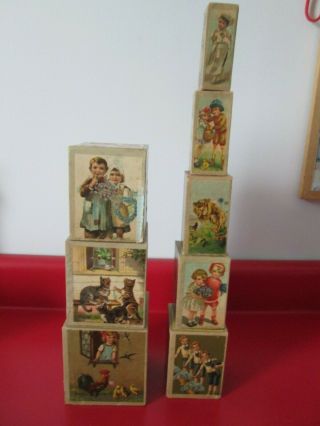 Late 1800s GERMANY - PAPER LITHO & WOOD - 8 GRADUATED CHILDREN ' S BLOCKS - BLISS 7