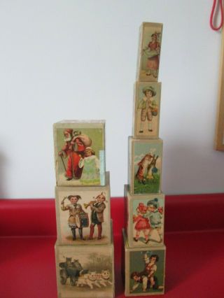 Late 1800s GERMANY - PAPER LITHO & WOOD - 8 GRADUATED CHILDREN ' S BLOCKS - BLISS 8