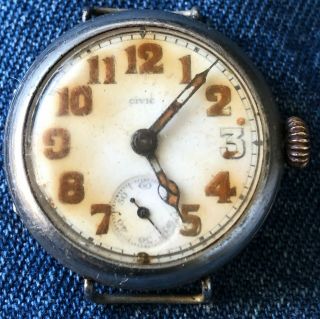 WW1 WRISTWATCH Swiss CIVIC Trench Watch w/ Leather Band Compass Antique 2