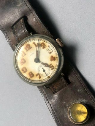 WW1 WRISTWATCH Swiss CIVIC Trench Watch w/ Leather Band Compass Antique 3