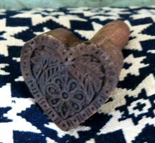 Primitive Carved Wood Farmhouse Heart W Flower & Leaves Butter Mold Stamp Press