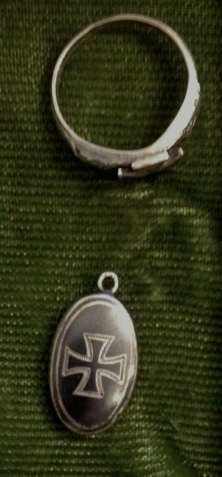 Antique GERMAN WW1 IRON CROSS RING 1914 Enamel Silver & Pendant Medal Charm OR ? 4
