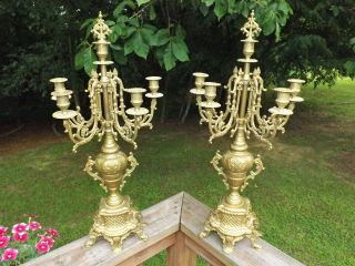 Xl 27 " Tall French Neo Gothic Brass Candelabra Candlesticks