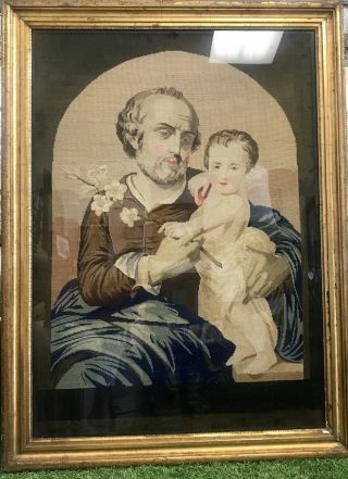 Large Needlepoint Saint Joseph & Infant Jesus Early 19th Century