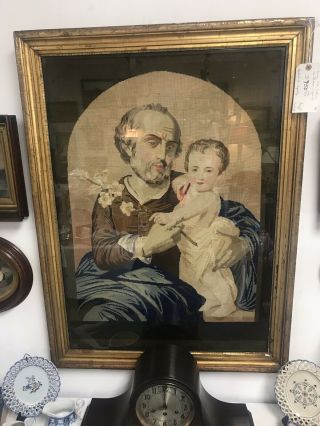 Large Needlepoint Saint Joseph & Infant Jesus Early 19th Century 6