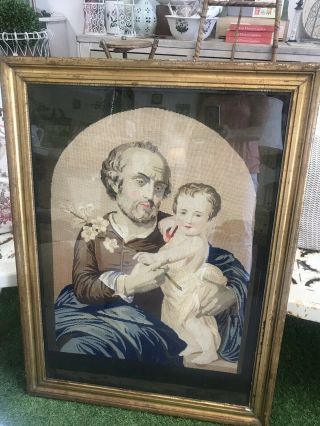 Large Needlepoint Saint Joseph & Infant Jesus Early 19th Century 7