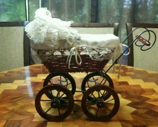 Vintage Baby Doll Stroller Wooden Carriage Small Doll Buggy With White Lace 16 "