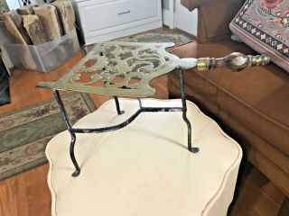 Antique Fireplace Trivet/warming Stand Forged Iron,  Brass & Wood Handle/c 1750