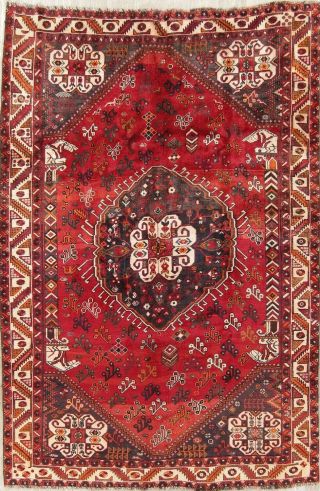 Vintage Geometric Tribal Persian Oriental Hand - Knotted Wool 6x8 Red Area Rug