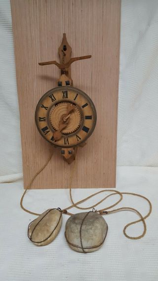 Vintage West Germany Wood Wall Clock Gear Stone Weight Driven.  Complete.