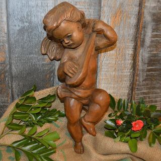 Antique Large German Carved Wood Standing Cherub With Wings Playing Mandolin 16 "