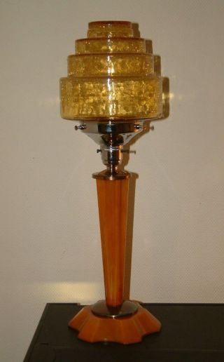 ORANGE CATALIN PHENOLIC BAKELITE CHROME ART DECO LAMP LAMPE RARE ESSO SHADE 11