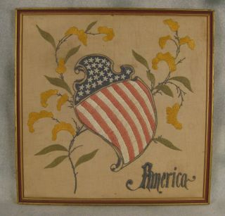 American Folk Art 27 Star Flag Shield Embroidered Silk Rare Antique 1845 Florida