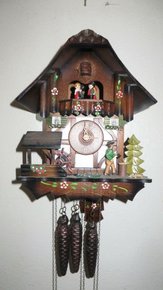 Vintage German Chalet Musical Waterwheel/woodchopper Cuckoo Clock Germany Dancer